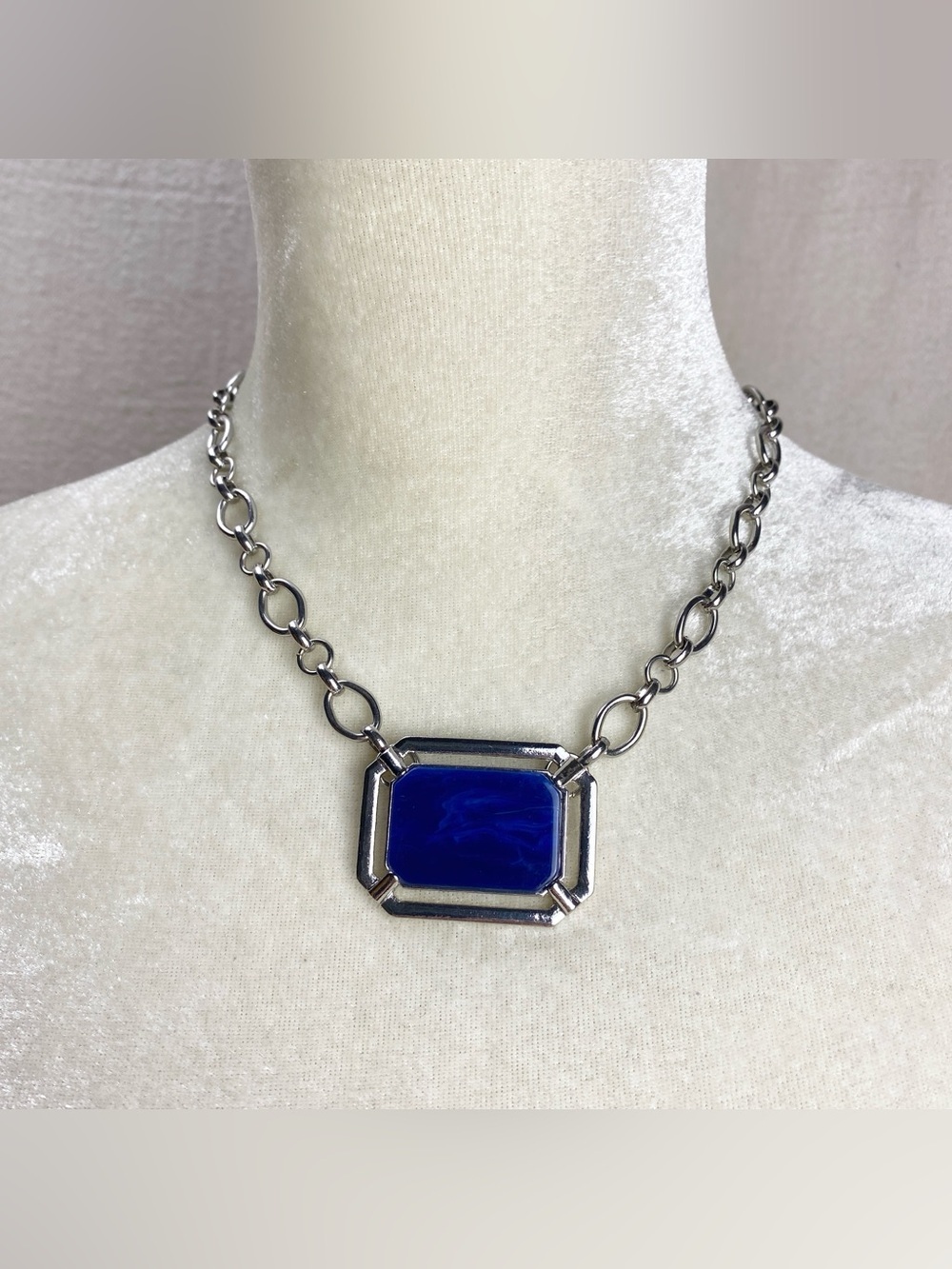 Silver Chain Necklace with Deep Blue Octagon Pendant